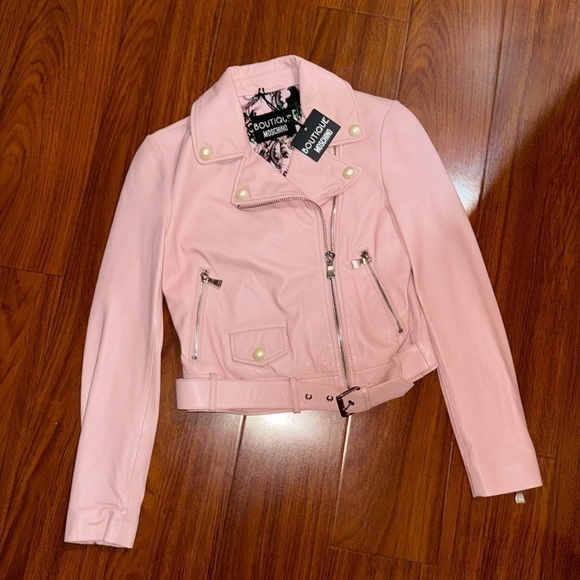 NWT Boutique Moschino Pearl-Trim Leather Moto Jacket Italy size 38 US size 4 - Picture 3 of 9